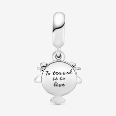 Take your style to new heights with this travel-inspired dangle charm, hand-finished in sterling silver. Made to be worn on our Pandora Moments charm bracelets and bangles, it's shaped as an aeroplane and detailed with miniature propellers. The disc is decorated with hand-applied blue and white enamel and engraved with the words "To travel is to live". Wear yours as a reminder of your favorite trip or your love of globetrotting. - Pandora Propeller Plane Dangle Charm - Enamel / Sterling silver / Cubic Zirconia / Blue White Gold Sterling Silver Charms With Dangling Details, Everyday Silver Jewelry With Logo Charm, Sterling Silver Charms With Lobster Clasp, Everyday Sterling Silver Charms With Lobster Clasp, Sterling Silver Round Pendant Jewelry For Travel, Everyday Sterling Silver Dangle Charms, Sterling Silver Pendant With Dangling Charms, Travel Sterling Silver Jewelry, Sterling Silver Charms With Removable Feature