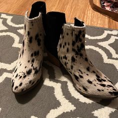 Never Worn. Got For A Bachelorette Party But Didn’t Wear. White Calf Hair Boots For Fall, Chic Calf Hair Boots With Round Toe, Brown Fur Boots, Cowhide Boots, Mountain Fashion, Leopard Print Boots, Asics Running Shoes, Chelsea Ankle Boots, Black Leather Ankle Boots