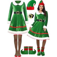 a woman in a green christmas dress and matching boots is standing next to an elf costume