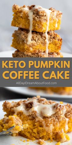 keto pumpkin coffee cake is stacked on top of each other and topped with icing