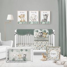 a baby's nursery room is shown with crib, bedding and decor