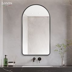 a bathroom sink with a mirror above it and a vase on the counter next to it