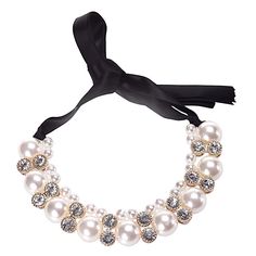 Looking for ladylike classics with a modern twist? Get this ultra-sophisticated Pearl Rhinestone Necklace with Satin Band. Add a vintage flavor with this pearl necklace/choker and make any outfit instantly cooler. Would look lovely on you at weddings, holidays and parties. - Lead/Nickel compliant Chic Pearl Necklaces For Party, Classic Adjustable Necklaces For Party, Chic Pearl White Pearl Necklace For Party, Elegant Adjustable Pearl Necklace For Evening, Chic Pearl White Necklace For Party, Elegant Adjustable Pearl Choker, Elegant Pearl Chain Choker For Party, Chic Pearl Choker Necklace For Wedding, Chic Pearl Choker For Wedding