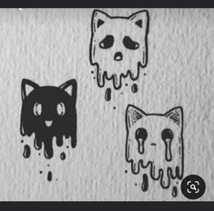 three drawings of cats on paper with ink splatters and drops of paint all over them