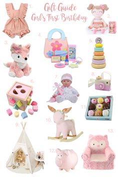 the gift guide for girls first birthday includes toys, gifts and other things to make her happy