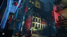 a city street at night with neon signs and buildings