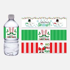 a bottle of water with christmas themed labels on it