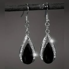 Black Glass And Rhinestone Waterdrop Earrings. New Black Teardrop Crystal Jewelry, Black Teardrop Rhinestone Jewelry, Black Teardrop Jewelry With Rhinestones, Black Drop Teardrop Earrings For Party, Black Teardrop Drop Earrings For Party, Black Teardrop Earrings For Party, Black Drop Crystal Earrings, Black Crystal Earrings With Rhinestones, Elegant Black Crystal Earrings With Rhinestones