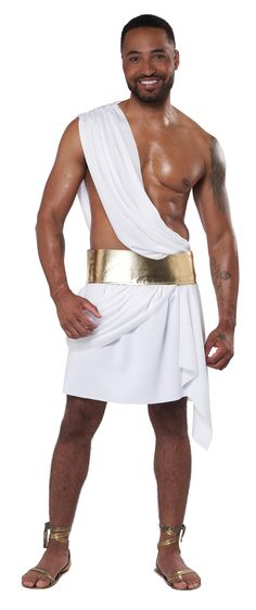 a man in a white and gold costume with his hands on his hips posing for the camera