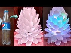 three different types of plastic flowers and water bottles are shown in this composite image, one is pink the other is blue