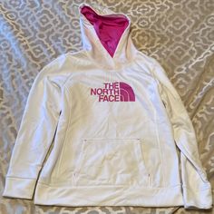 White North Face Sweatshirt With Hot Pink Lettering And Hood. Never Worn. Size Large White Crew Neck Outerwear For Spring, The North Face White Casual Tops, White Crew Neck Top By The North Face, Sporty White The North Face Tops, Sporty White Tops From The North Face, Sporty White Tops By The North Face, White Sporty Outerwear By The North Face, Sporty White The North Face Outerwear, Pink North Face