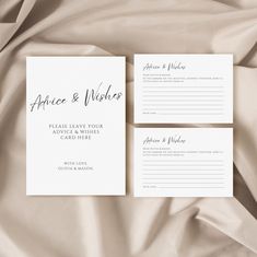 two wedding cards with the words, advice and wishes written on them in black ink