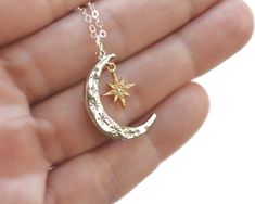 "Celestial Moon Necklace, North Star Jewelry, Moon Necklace, Star Necklace, Birthday Gift for Her,Dainty Gold Necklace, Crescent Moon Gift |DESCRIPTION| . Your choice of gold, silver or mixed metals . Pendant measures 24mm tall or 1\" . 14k gold filled chain or sterling silver . Pendants are made of 16k gold or silver plated material . Your choice of length-16\", 18\" or 20\" . See link below to make your necklace longer Want a longer chain? http://etsy.me/1Lf9zAa |CURRENT PRODUCTION SCHEDULE| A Moon Phase Star Shaped Jewelry Gift, Moon Shaped Jewelry With Star Charm For Gifts, Magical Sun And Moon Design Jewelry As Gift, Moon Phase Star Charm Necklaces As Gift, Magical Moon Shaped Jewelry For Gifts, Magical Moon Shaped Jewelry Gift, Magical Moon-shaped Jewelry For Gifts, Magical Moon-shaped Jewelry Gift, Magical Star-shaped Jewelry For Gifts