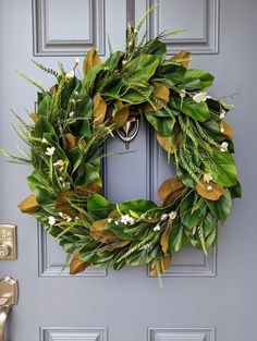 Front Door Magnolia Wreath, Year Round Southern Charm Design For Indoor Or Outdoor Decor, Year Round Magnolia Wreath Rustic Farmhouse Front Door, Cosmo Flowers, Fern Wreath, Flowers Lotus, Magnolia Decor, White Cosmo, Pink Ranunculus, Lotus Pods, Modern Rustic Farmhouse