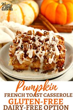 pumpkin french toast casserole gluten - free dairy - free option on a white plate