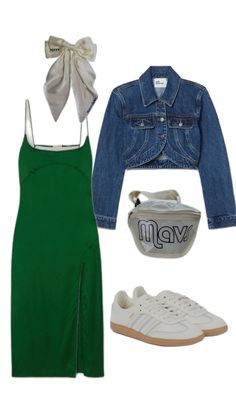 a green dress, jean jacket and white sneakers are all part of the outfit set