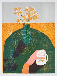 a painting with flowers in a vase and a hand holding a coffee cup on the ground