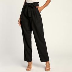 Nwot New Without Tags Flirting With Formal Black Linen High Waisted Pants Size Xl Take Your Look From Bleak To Oh-So Chic When You Put On The Lulus Flirting With Formal Black Linen High Waisted Pants! Lightweight, Linen-Blend Fabric Shapes A Paperbag-Style Waist With A Sash Belt That Sits Atop Slightly Tapered Pants With Front Diagonal Pockets And Decorative Welt Pockets At The Back. Unlined. Shell: 70% Linen, 30% Rayon. Lining: 100% Rayon. Hand Wash Cold. Do Not Bleach. Hang Dry. Imported. Styl High Rise Casual Bottoms For Date Night, Casual High Rise Bottoms For Date Night, Chic Black Tie Waist Pants, Chic Black Pants With Tie Waist, Elegant Black Bottoms With Tie Waist, Linen Work Pants, Linen Pants Work, Lulu Pants, Work Pants Women