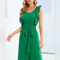 Nwt. Original Packaging. Green Ruffle Shoulder Cropped Jumpsuit. Cropped Jumpsuit, Pant Jumpsuit, Pants For Women, Jumpsuit, Pants, Green, Women Shopping, Color, Trousers