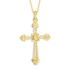 A lovely reflection of her faith, this budded cross is a thoughtful gift. Crafted in warm 14K gold, this sectioned design features diamonds at the center and along the arms. Radiant with 1/4 ct. t.w. of diamonds and a bright polished shine, this cross suspends along an 18.0-inch cable chain that secures with a spring ring clasp. Zales Zales, Cross Necklace Gold, Gold Necklace For Men, Diamond Cross Necklace, Cross Charm Necklace, Gold Cross Necklace, Symbolic Jewelry, Diamond Cross Pendants, Diamond Cross