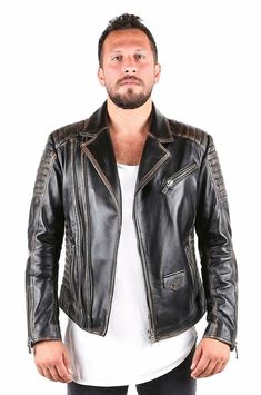 Men's Biker Distressed Leather Jacket In Black Biker Design, Leather Shorts Women, Short Leather Skirts, Distressed Leather Jacket, Biker Leather Jacket, Leather Jumpsuit, Distressed Jacket, Shearling Vest, Sheepskin Jacket