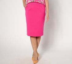 Pencil it in! In 24/7 Stretch that looks as polished at hour 15 as it did at hour one, this sleek pencil skirt may have you saying yes to more post-work networking and social events. From Isaac Mizrahi Live!TM. Office Pencil Skirt In Pink, Pink Pencil Skirt For Office, Pink Pencil Skirt For Workwear, Pink Pencil Skirt For Work, Elegant Pink Pencil Skirt For Work, Pink Fitted Pencil Skirt For Workwear, Saying Yes, Stretch Pencil Skirt, Isaac Mizrahi