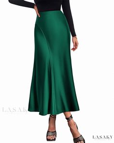 Lasaky - Elegant Silky Pleated High-Waisted Mermaid Party Midi Skirt Silk Skirt Short, A Line Maxi Skirt, Long Silk Skirt, Summer Two Piece Outfits, Tulle Long Skirt, Long Skirt Summer, Puffy Skirt, High Waisted Maxi Skirt, Satin Midi Skirt