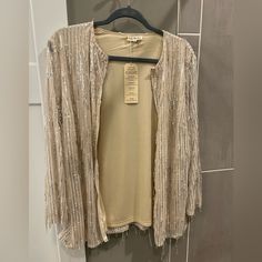 This Is A Brand New, Sequin Jacket. Color Is A Beautiful Champagne Color With A Silver Zipper. Size Xxl. Glamorous Metallic Long Sleeve Outerwear, Silver Sequined Outerwear For Fall, Silver Long Sleeve Outerwear For Spring, Silver Long Sleeve Outerwear For Night Out, Lee Jacket, Royal Blue Blazers, Long Sleeve Layering, Black Shawl, Cropped Blazer Jacket