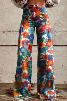 Indulge in vintage charm with these women's casual wide-leg pants adorned in a captivating vintage print. Offering both style and comfort, they are perfect for adding a touch of nostalgia to your everyday ensemble. Ideal for those who appreciate timeless fashion with a contemporary twist. Multicolor Stretch Wide Leg Jeans, Trendy Multicolor Full-length Jeans, Trendy Multicolor Straight Leg Wide Pants, Multicolor Full-length Jeans For Summer, Multicolor Full Length Jeans For Summer, Multicolor Full Length Jeans For Spring, Multicolor Full-length Jeans For Spring, Spring Multicolor Full-length Jeans, Casual Multicolor Full-length Jeans