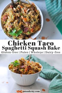 chicken taco spaghetti squash bake with text overlay