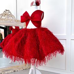 Feathered Fringe, Layered Tulle Skirt, Suspenders Set, Fringe Top, Large Bow, Out Back, Red Satin, British Indian, Size Clothing