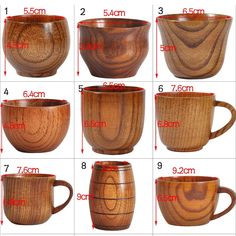 different types of wooden coffee mugs are shown in this diagram, with measurements for each cup