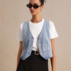 Super Cute And Stylish Ships In 5-10 Business Days Denim Vest Outfits For Women, Denim Waistcoat Outfit Woman, Waistcoat Outfit Women, Denim Vest Outfit, Waistcoat Outfit, Vest Outfits For Women, Denim Waistcoat, Rose Jacket, Vest Outfit