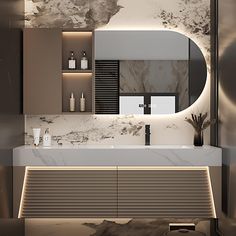 a modern bathroom with marble counter tops and cabinets