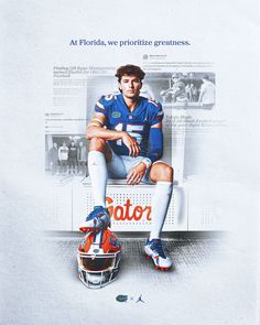 an advertisement for the florida gators football team, featuring a man sitting on a bench