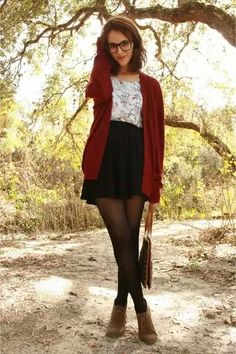 Black skirt with black tights High Wasted Skirt, Peplum Tops, Red Cardigan, Wearing Glasses, Heidi Klum, Black Skirt