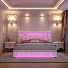 a bed with pink lights on the headboard and foot board in a white bedroom