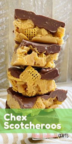 a stack of chocolate and peanut butter bars with the words chex scotheroos on top