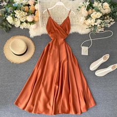 Summer V Neck High Waist A-line Party Sundress Orange Dress Summer, Strap Dresses, Satin Evening Dresses, Body Con Dress, Women Long Dresses, Winter 2023, Boho Casual, Cutout Dress, Middle Age