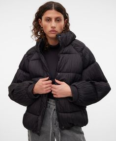 in stock Quilted Relaxed Fit Winter Outerwear, Black Quilted Jacket With Ribbed Cuffs For Fall, Black Quilted Puffer Jacket For Spring, Black Quilted Jacket For Cold Weather In Spring, Black Puffer Quilted Jacket For Spring, Spring Puffy Outerwear, Black Relaxed Fit Outerwear For Cold Weather, Puffy Outerwear For Cold Weather In Spring, Casual Puffy Outerwear For Fall