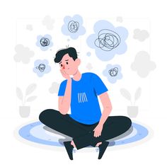 a man sitting on the floor with his head in his hands and thought bubbles above him