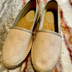 New, Gucci Espadrilles, No Box. Size 4 1/2 Gucci Espadrilles With Branded Insole, Gucci Espadrilles For Beach With Branded Insole, Elegant Gucci Espadrilles With Round Toe, Chic Gucci Espadrilles With Round Toe, Gucci Espadrilles For Beach, Gucci Leather Beach Espadrilles, Gucci Leather Espadrilles For Beach, Designer Beige Slip-on Espadrilles, Chic Gucci Espadrilles