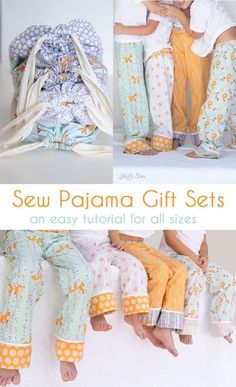 three pictures of pajamas with the words sew pajama gift sets on them