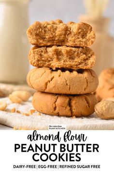 three peanut butter cookies stacked on top of each other with the words almond flour written below