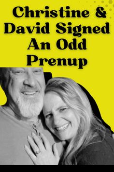 a man and woman hugging each other with the words, christine & david signed an old prenup