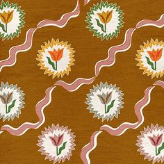 a brown background with flowers and ribbons on the bottom half of it, as well as an orange flower in the center