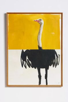 an image of a painting with a bird on it's head in front of a yellow and white background