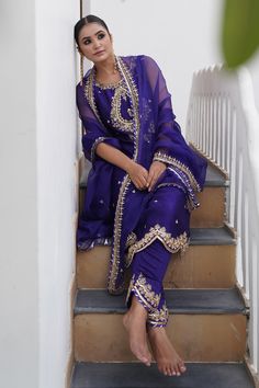 Buy Blue Kurta And Pant Pure Raw Silk Embroidered Zardosi Straight Set For Women by Gul By Aishwarya Online at Aza Fashions.