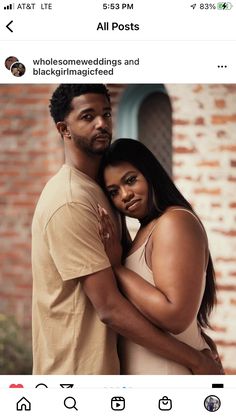 a man and woman hugging each other in front of a brick wall with the caption all posts