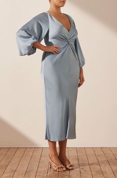 LUXE BALLOON SLEEVE KNOT FRONT MIDI DRESS | Azure | Dresses | Shona Joy – Shona Joy International Elegant Spring Midi Dress With Twist Front, Spring Elegant Midi Dress With Twist Front, Blue Puff Sleeve Midi Dress For Evening, Elegant Midi-length Twist Front Dress, Spring Midi Length Dress With Twist Front, Spring Midi Length Twist Front Dress, Chic Mid-length Dresses With Gathered Sleeves, Spring Twist Front Midi-length Dress, Spring Midi Dress With Balloon Sleeves And Ruched Detail